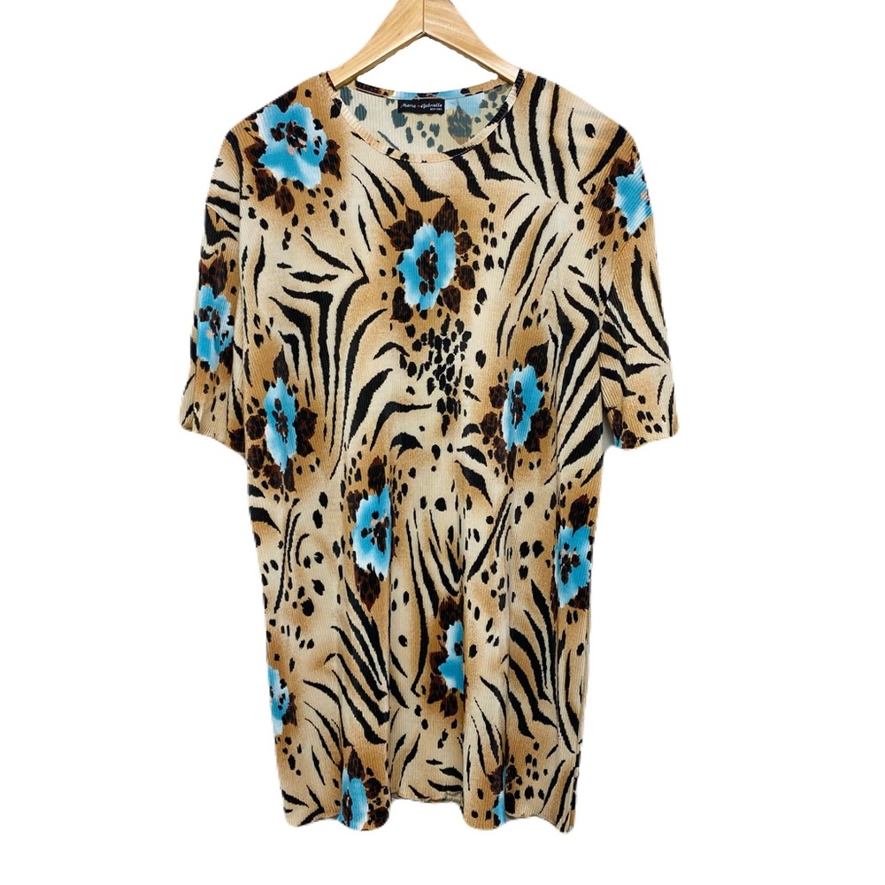 Y2K Animal Print w/‎ Blue Floral Accents Pleated Blouse Women’s 2X See Measur….
